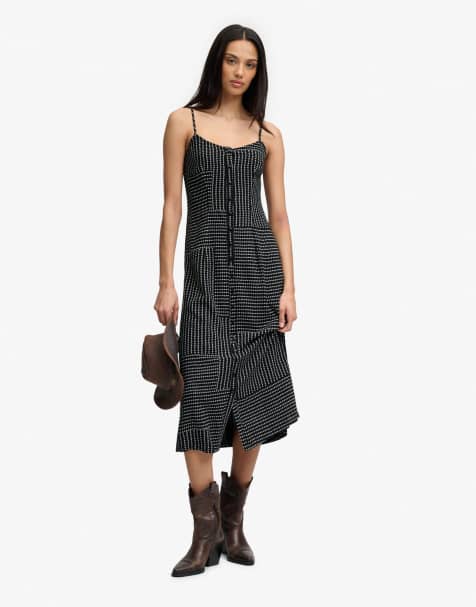 Superdry Print – Camisole-Midikleid in Schwarz mit Punktemuster in versetzter Reihenfolge und Knopfleiste - view 1