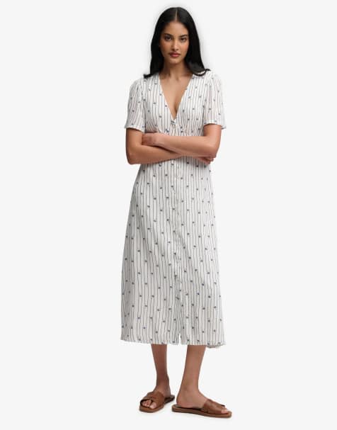 Superdry Printed button short sleeve midi tea dress in carnation cream ditsy stripe - view 1
