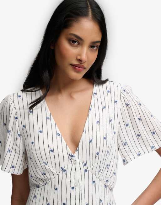 Superdry Printed button short sleeve midi tea dress in carnation cream ditsy stripe, 4 of 6