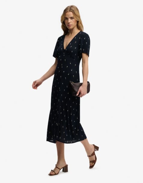 Superdry Printed button short sleeve midi tea dress in carnation navy ditsy stripe