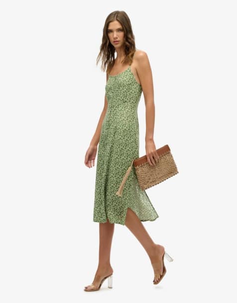 Superdry Printed button-up cami midi dress in green ditsy - view 1