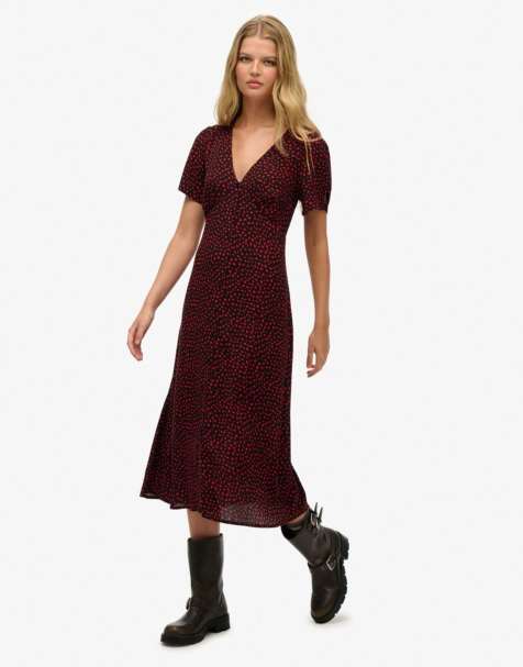 Superdry Printed button-up short sleeve midi tea dress in red hearts - view 1