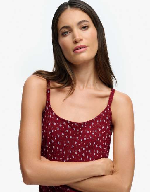 Superdry Printed cami maxi dress in bordeaux red ditsy floral, 3 of 7
