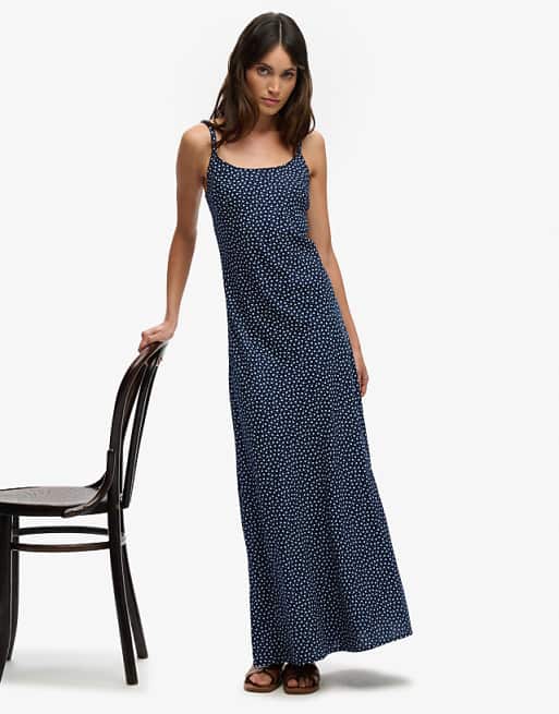 Superdry Printed cami maxi dress in navy blue ditsy hearts