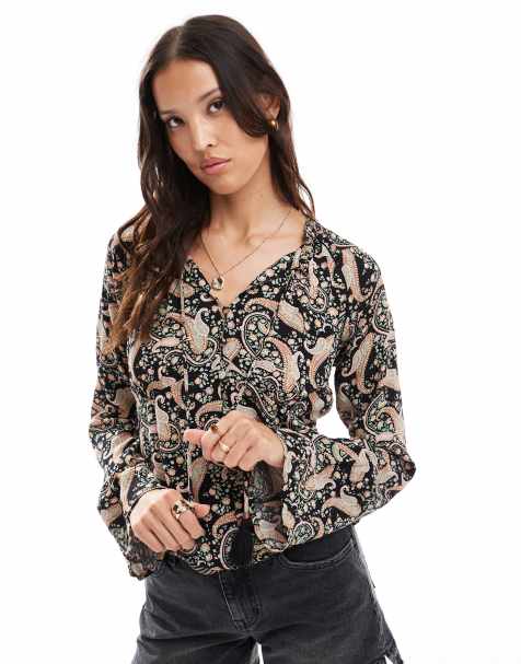 Superdry Printed long sleeve blouse in boho paisley border black