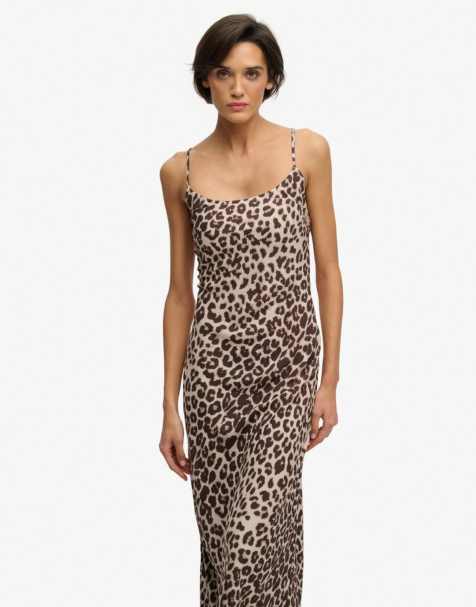 Superdry Printed maxi slip dress in brown leopard