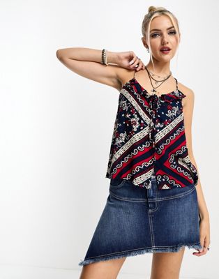 Superdry printed ruffle cami top in blue - ASOS Price Checker