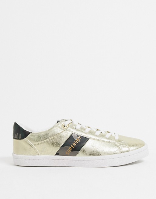 Superdry priya sleek low lace up trainers in gold