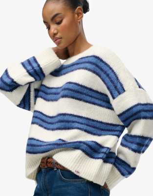 Pull ample en maille brossée à rayures - Bleu jean délavé 44