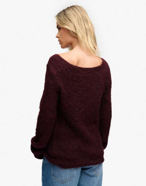 Superdry pull brossé à col bateau en rouge port, 2 de 6