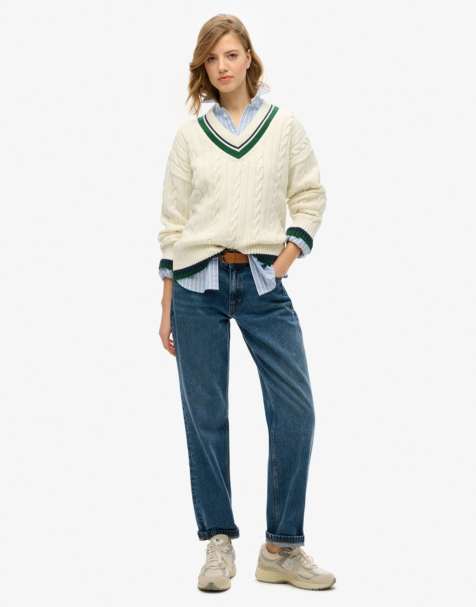 Superdry - Pull col V oversize style cricket en maille - Blanc cassé - view 1