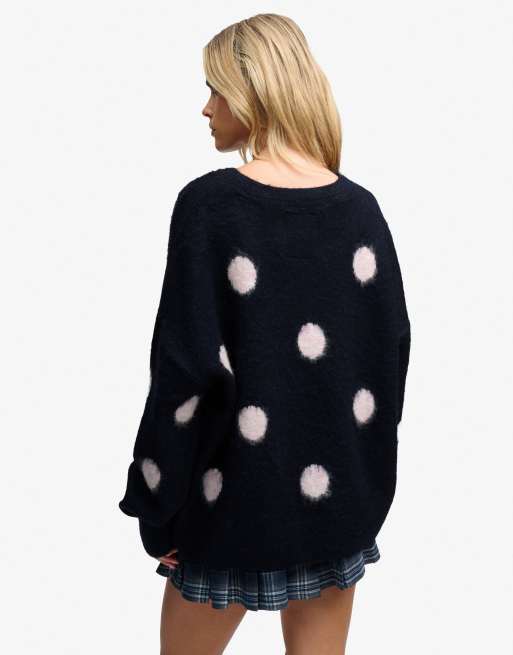 Superdry pull effet brossé à pois en bleu marine/rose pâle, 2 de 6