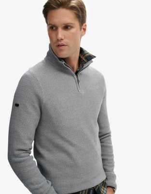 Superdry - Pull en coton texturé à demi-zip - Gris clair
