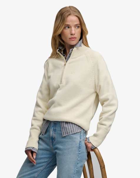 Superdry pull en maille coton classique à demi-zip en écru - view 1
