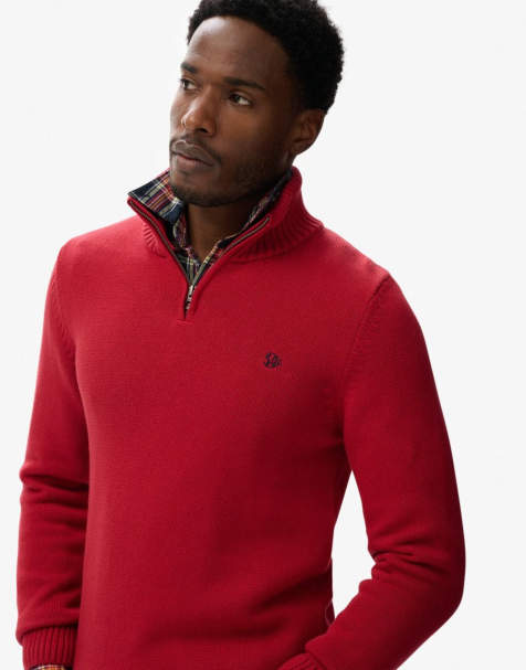 Superdry - Pull en maille de coton à col zippé - Rouge expédition - view 1
