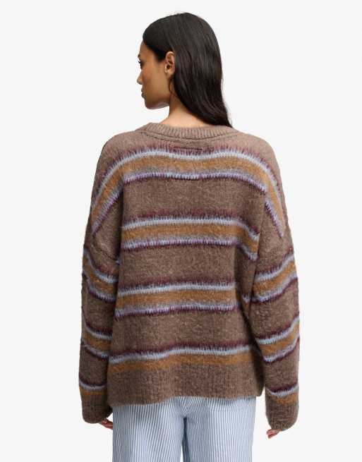 Superdry pull en maille rayée brossée ample marron, bordeaux et bleu, 2 de 5
