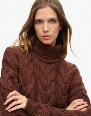 Superdry - Pull en maille torsadée avec col polo - Marron chicorée