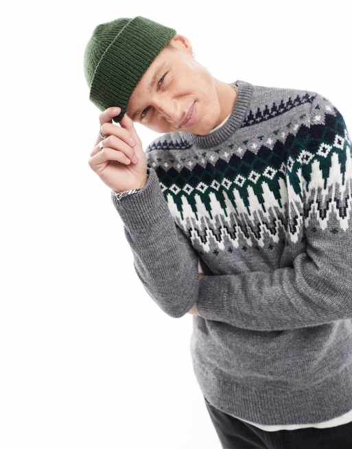 Superdry - Pull ras de cou en maille à motif jacquard - Gris chiné multicolore
