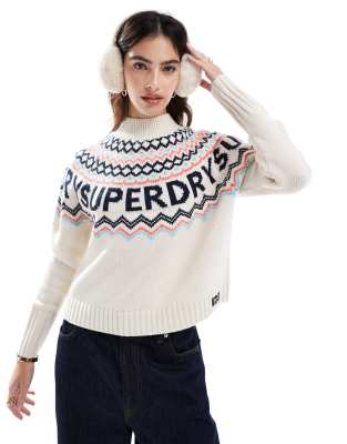 Superdry - Pullover in mehrfarbigem Ecru meliert mit Norwegermuster und Markenlogo-Weiß