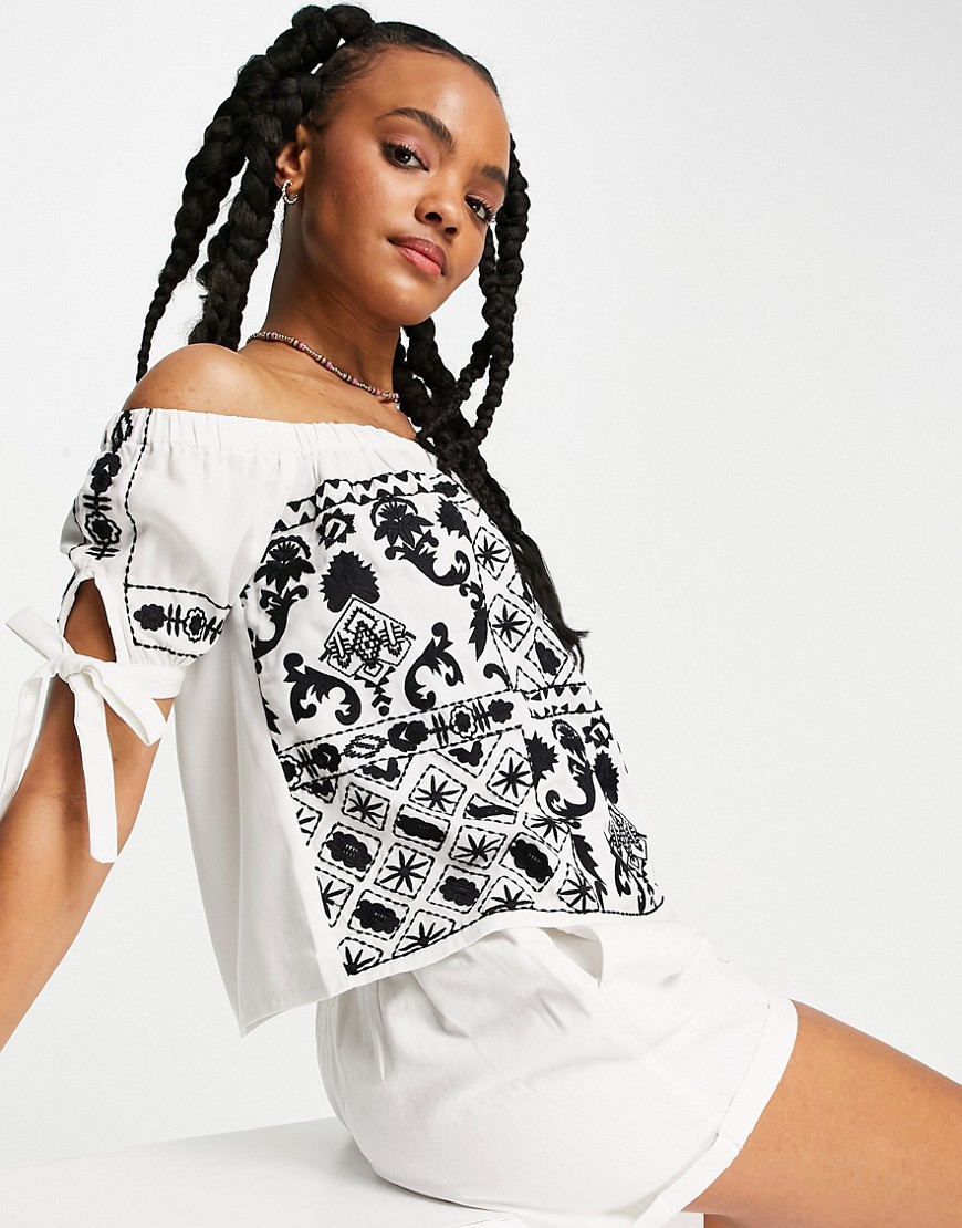 Superdry Raffella off the shoulder embroidered blouse with tie sleeve in black and white