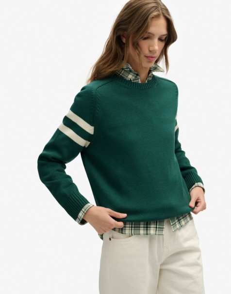 Superdry Relaxed stripe knitted jumper in darkest pine green - view 1