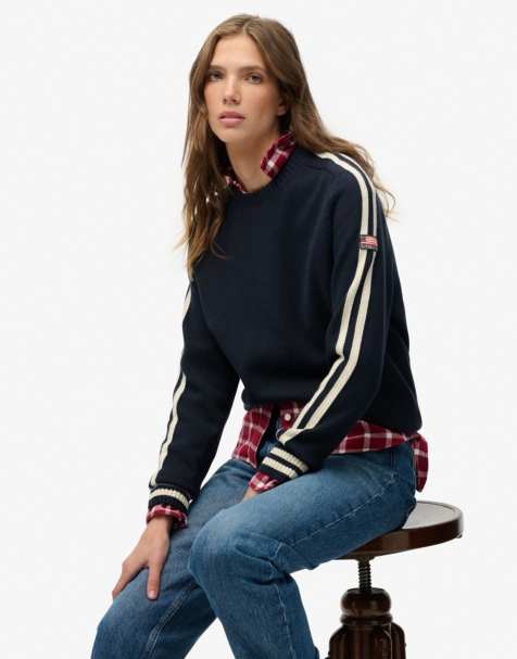 Superdry Relaxed stripe knitted jumper in deep navy/natural white - view 1