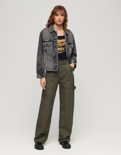Superdry – Retro – Geripptes Camisole-Oberteil in Schwarz mit Rocker-Grafikprint