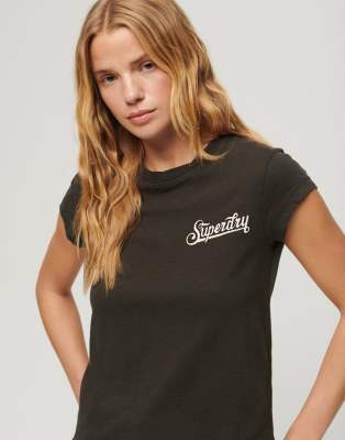 Superdry - Retro - T-Shirt in meliertem Wintermoos-Dunkelgrün mit Rocker-Grafikprint