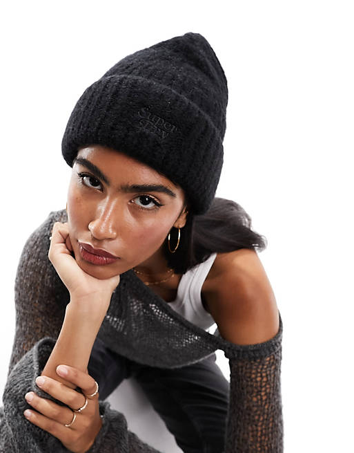 Superdry rib knit beanie hat in Black | ASOS