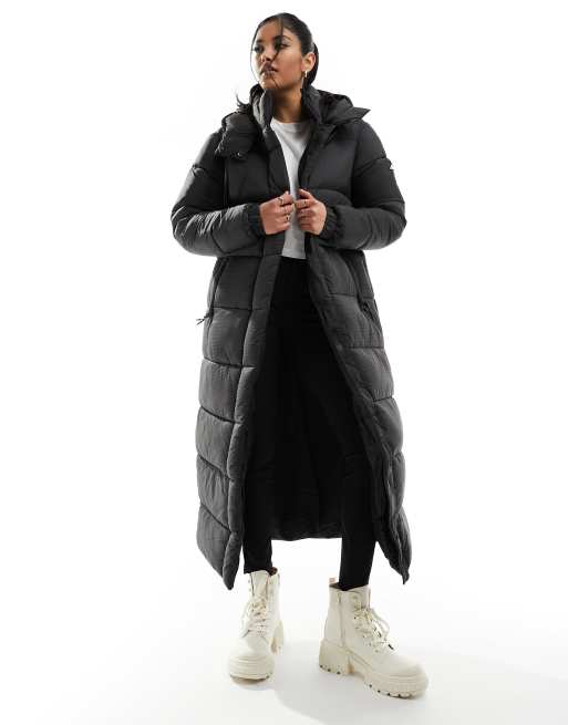 Women's Ripstop Longline Puffer Coat in Football Black Grid