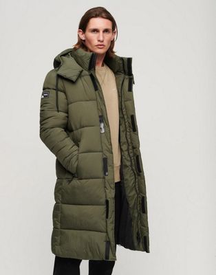 Superdry Ripstop longline puffer jacket in dark moss green grid - ASOS Price Checker