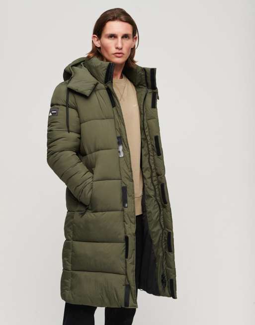 Superdry Ripstop longline puffer jacket in dark moss green grid