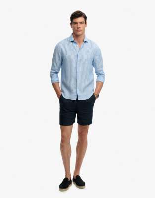Superdry - Riviera - Chemise rayée en lin à manches longues - Bleu classique