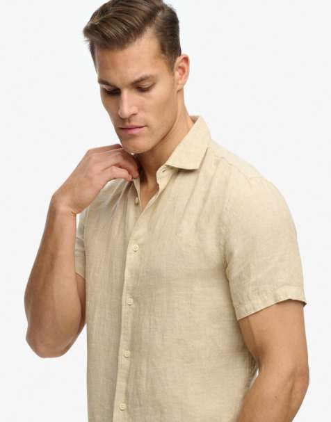 Superdry – Riviera – Kurzärmliges Hemd aus Leinen-Chambray in Hellbraun - view 1