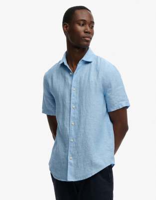Riviera - Kurzärmliges Hemd aus Leinen-Chambray in Himmelblau Blau 48-50