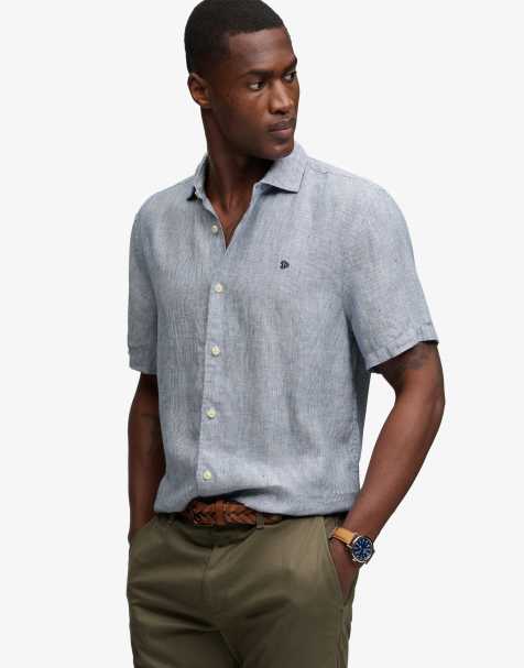 Superdry – Riviera – Kurzärmliges Leinenhemd in Marineblau mit Drillich-Streifen - view 1