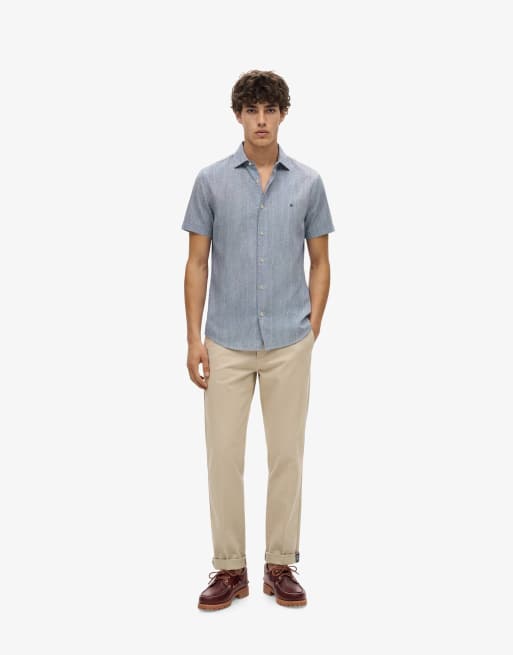 Superdry – Riviera – Kurzärmliges Leinenhemd in Marineblau mit Drillich-Streifen, 3 von 6