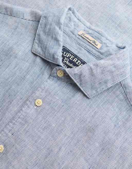 Superdry – Riviera – Kurzärmliges Leinenhemd in Marineblau mit Drillich-Streifen, 5 von 6