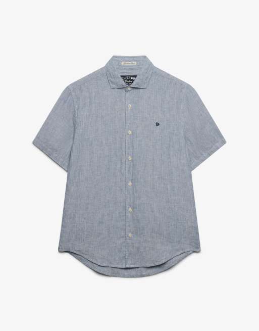 Superdry – Riviera – Kurzärmliges Leinenhemd in Marineblau mit Drillich-Streifen, 6 von 6