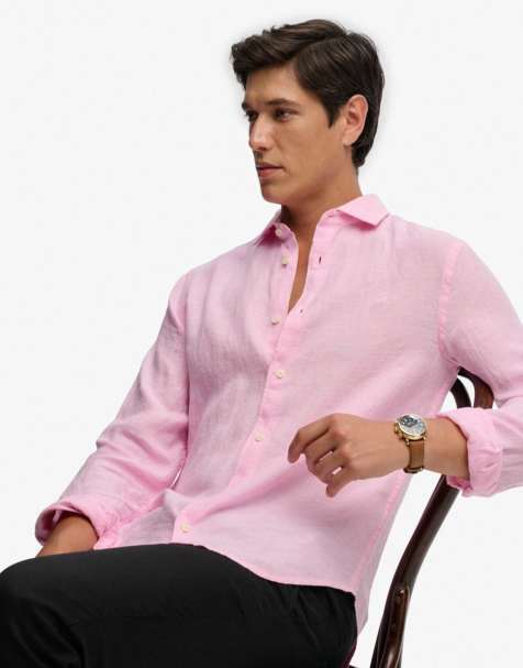 Superdry Riviera long sleeve linen shirt in city pink chambray