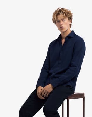 Superdry Riviera long sleeve linen shirt in eclipse navy