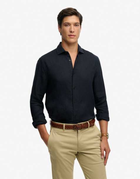 Superdry Riviera long sleeve linen shirt in eclipse navy - view 1