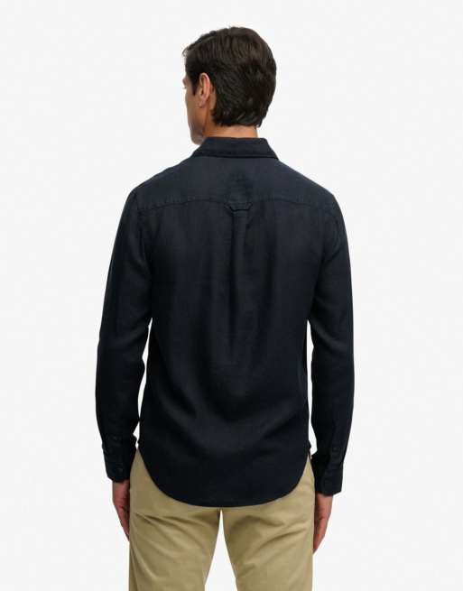 Superdry Riviera long sleeve linen shirt in eclipse navy, 2 of 4