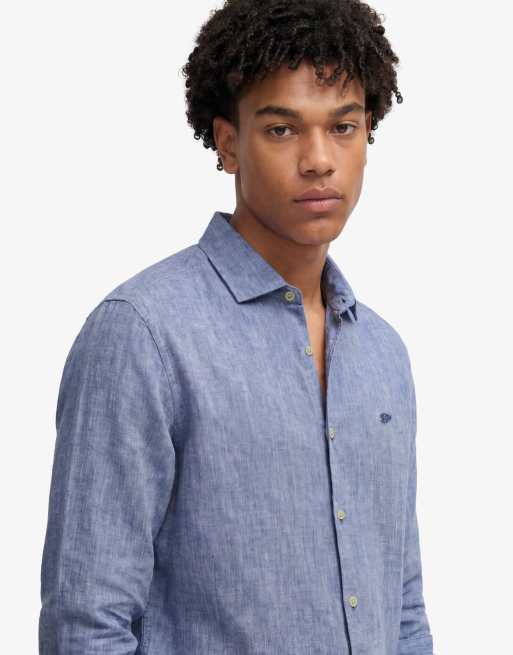 Superdry Riviera long sleeve linen shirt in french blue chambray, 3 of 4