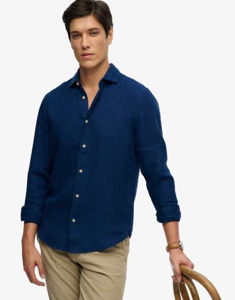 Superdry Riviera long sleeve linen shirt in french blue