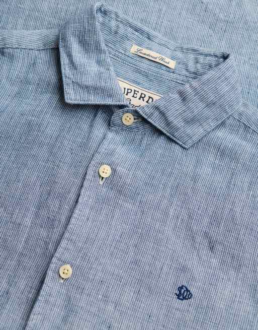 Superdry Riviera long sleeve linen shirt in indigo needle stripe, 5 of 6