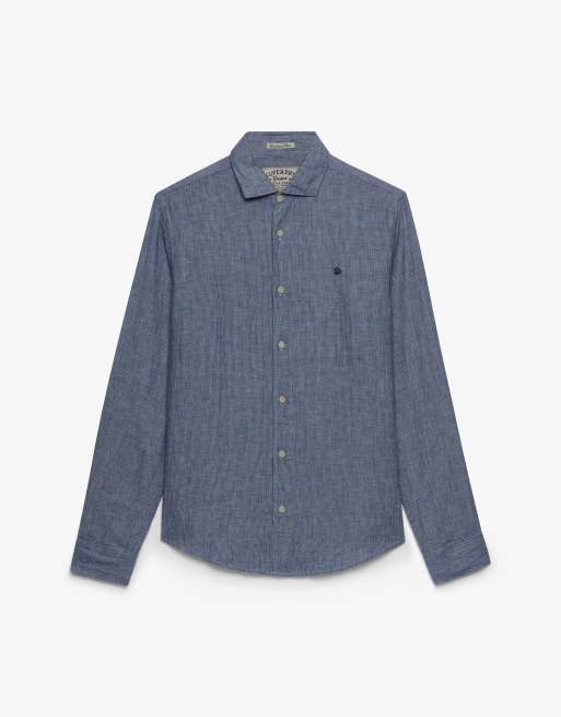 Superdry Riviera long sleeve linen shirt in indigo needle stripe, 6 of 6