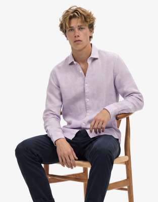 Superdry Riviera long sleeve linen shirt in lilac chambray-Purple