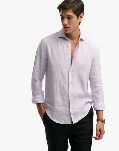 Superdry Riviera long sleeve linen shirt in lilac chambray