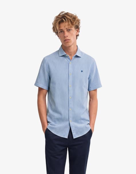 Superdry Riviera short sleeve linen shirt in blue chalk stripe - view 1